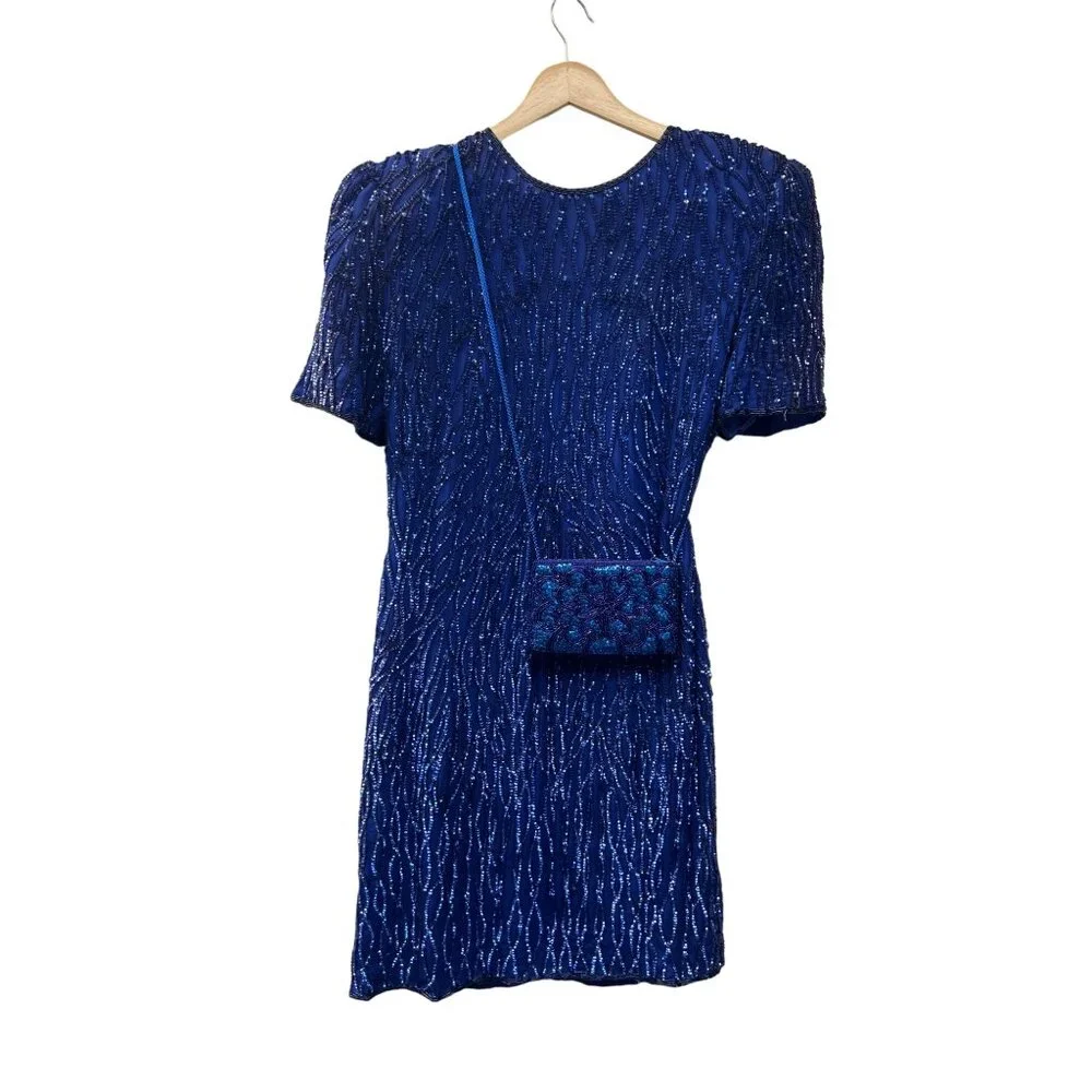 Laurence Kazar Vintage 80's Royal Blue Silk Sequin Cocktail Dress and Purse - Picture 3 of 11